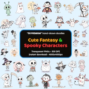 May include: A selection of hand-drawn cartoon characters, including ghosts, vampires, and monsters. The image features the text "Cute Fantasy & Spooky Characters" and "Transparent PNGs - 300 DPI". The characters are in various colours and poses.