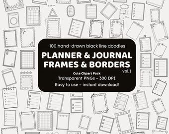 Planner & Journal Frames Doodle Clipart | 100 Hand-Drawn PNG Icons | Black Line Borders for Crafters