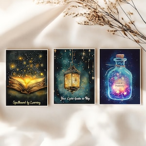 Conjunto de Cartas Mágicas e Caprichosas para Imprimir – Arte de Parede Inspirada em Fantasia e Encorajamento | Poções, Estrelas e Luz – 3 Tamanhos | Download Digital