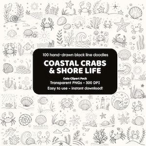 May include: A collection of 100 hand-drawn black line doodles featuring coastal crabs and shore life elements. Includes crabs, seashells, starfish, waves, and other beach-themed illustrations. The text reads "COASTAL CRABS & SHORE LIFE".