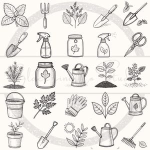 May include: A collection of hand-drawn gardening tools and elements, including shovels, watering cans, plants, gloves, and a bucket. The black and white illustrations are arranged in a grid pattern, perfect for garden-themed designs.