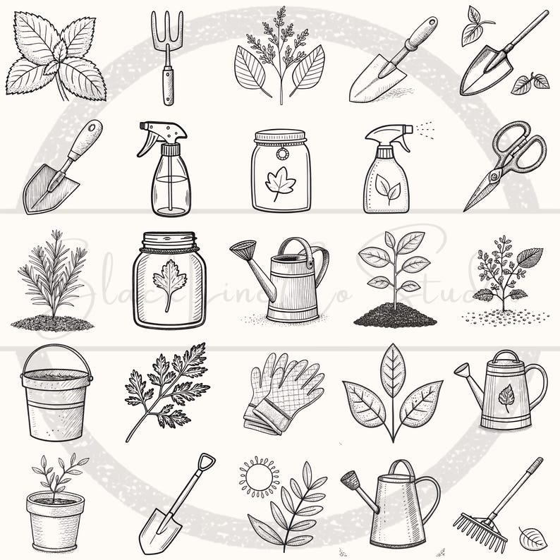 May include: A collection of hand-drawn gardening tools and elements, including shovels, watering cans, plants, gloves, and a bucket. The black and white illustrations are arranged in a grid pattern, perfect for garden-themed designs.