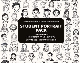 Student Portrait Pack Doodle Clipart | 100 Hand-Drawn Black Line PNGs | Portrait Icons for Crafters
