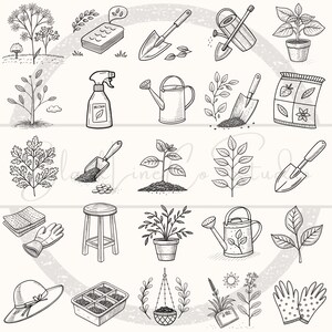 May include: A collection of hand-drawn gardening tools and plants, including shovels, watering cans, a spray bottle, and a gardening hat. The image features a variety of plants in pots and seed packets, all in a black and white line art style.