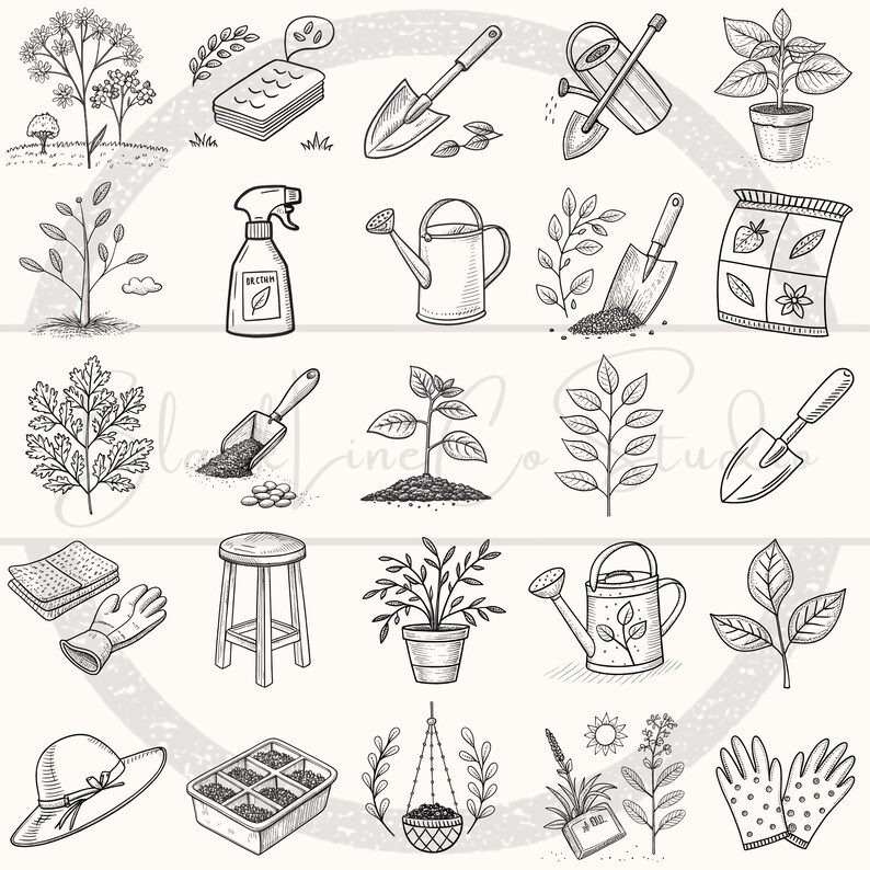May include: A collection of hand-drawn gardening tools and plants, including shovels, watering cans, a spray bottle, and a gardening hat. The image features a variety of plants in pots and seed packets, all in a black and white line art style.