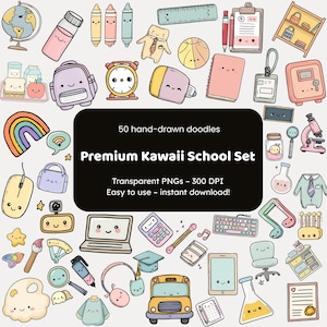 Puede incluir: Una colección de 50 doodles Kawaii dibujados a mano con temática escolar. Las ilustraciones incluyen un globo terráqueo, lápices, una mochila, un despertador, un cuaderno, un arcoíris, un ratón de ordenador, un portátil, una calculadora, un autobús escolar y más. El texto dice "Premium Kawaii School Set".