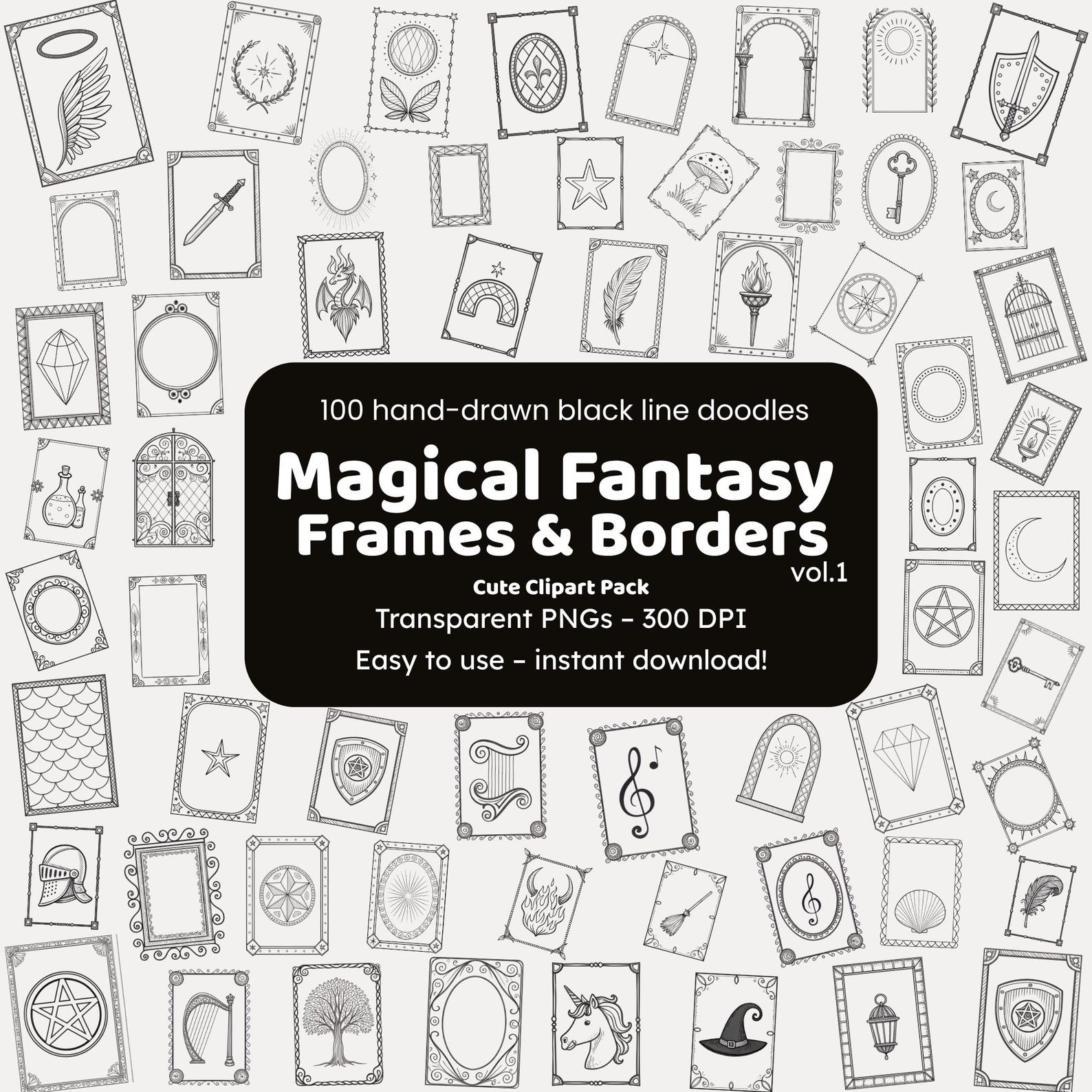 Magical Fantasy Frames Clipart PNG: 100 Hand-drawn Doodle Borders ...