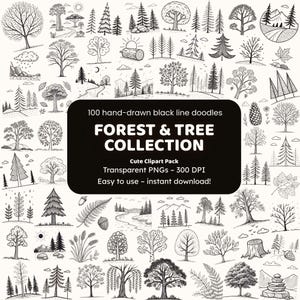 Forest & Baum Kollektion Doodle Clipart | 100 von Hand gezeichnete schwarze Linien PNGs | Natur Icons für Handwerker