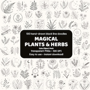Magical Plants & Herbs Doodle Clipart | 100 Hand-Drawn PNG Icons | Black Line Art for Crafters