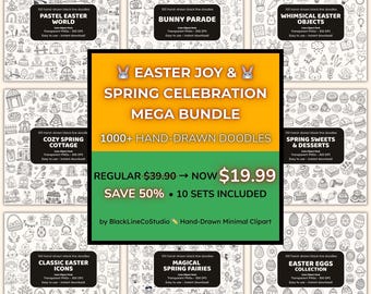 Easter & Spring Celebration Doodle Clipart Mega Bundle, 1000+ Hand Drawn Icons PNG, Commercial Use