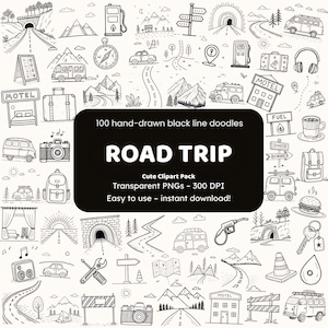 May include: A set of 100 hand-drawn black line doodles with a road trip theme. The image features illustrations of cars, mountains, roads, motels, cameras, and travel-related items. The text on the image says "ROAD TRIP".