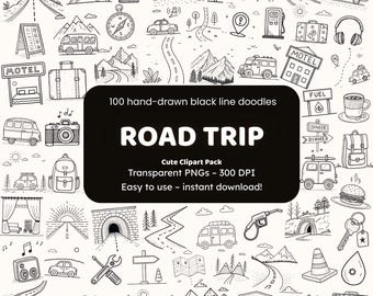 Road Trip Doodle Clipart | 100 Hand-Drawn Black Line PNGs | Icons and Stickers for Crafters
