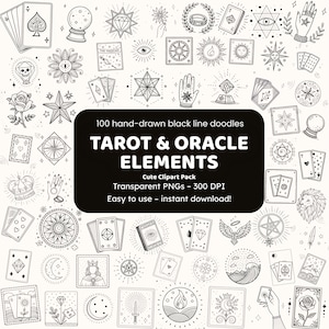 Imágenes prediseñadas de elementos de tarot y oráculo / 100 iconos dibujados a mano en formato PNG / Arte lineal negro para manualidades