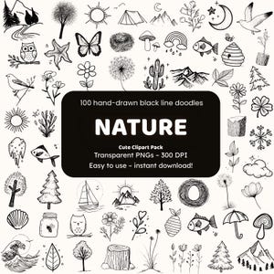 自然の落書きクリップアート | 手描きPNGアイコン100個 | クラフター向け黒線画ステッカー