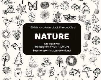 Nature Doodle Clipart | 100 Hand-Drawn PNG Icons | Black Line Art Stickers for Crafters