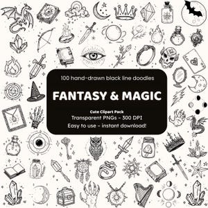 Fantasy & Magic Clipart | 100 Hand-Drawn Black Line Doodles PNG | Icons for Crafters