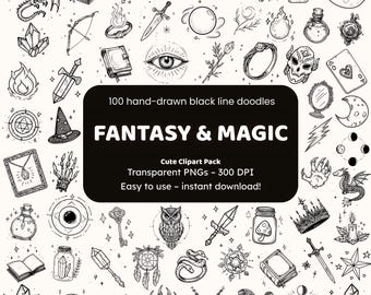 Clipart de fantasía y magia / 100 garabatos de líneas negras dibujados a mano PNG / Iconos para artesanos