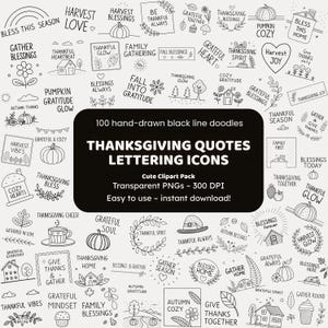 Thanksgiving Quotes Lettering Doodle Clipart | 100 Hand-Drawn PNG Icons | Black Line Art for Crafters
