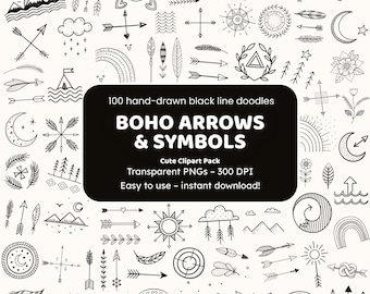 Boho Arrows & Symbols Doodle Clipart | 100 Hand-Drawn PNG Icons | Black Line Art for Crafters