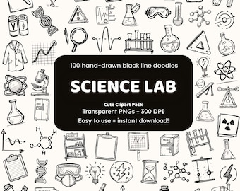 Science Lab Doodle Clipart | 100 Hand-Drawn Black Line PNGs | Science Education Icons for Crafters