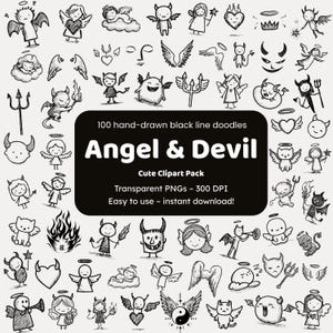 Puede incluir: Una colección de 100 garabatos de línea negra dibujados a mano con ángeles y demonios. Las ilustraciones incluyen varios personajes de ángeles y demonios, alas, halos y otros símbolos relacionados. El texto dice "Angel & Devil Cute Clipart Pack".