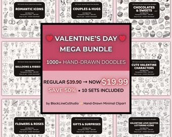 Valentine’s Day Mega Bundle | 1000+ Hand-Drawn Doodle Clipart PNGs | Love Icons for Teacher & Crafters