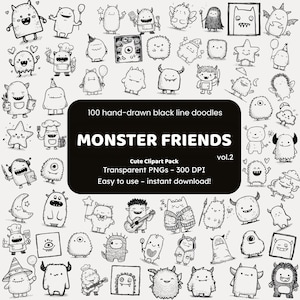 Clipart de Monster Friends Vol. 2 / 100 íconos PNG dibujados a mano / Arte de línea negra para artesanos