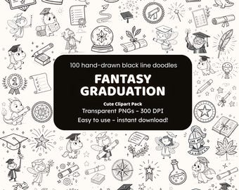 Fantasy Graduation Doodle Clipart | 100 Hand-Drawn Black Line PNGs | Icons and Stickers for Crafters