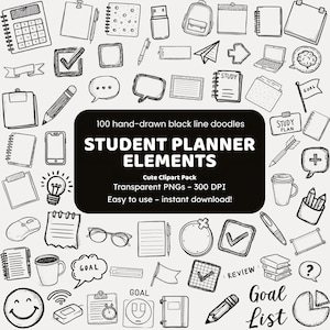 Student planner elementen doodle clipart | 100 handgetekende png-pictogrammen | Zwarte lijntekeningen voor knutselaars