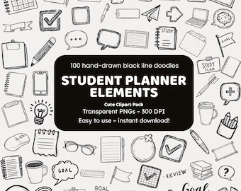 Student Planner Elements Doodle Clipart | 100 Hand-Drawn PNG Icons | Black Line Art for Crafters