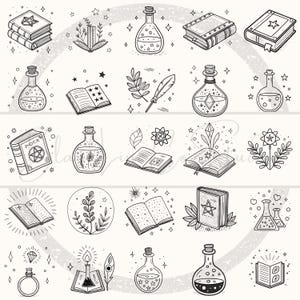 May include: A series of black and white line art illustrations depicting mystical items. The images include potion bottles, open books with stars, a feather, and a ring with a diamond.
