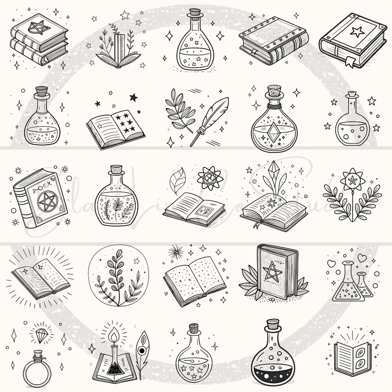 May include: A series of black and white line art illustrations depicting mystical items. The images include potion bottles, open books with stars, a feather, and a ring with a diamond.
