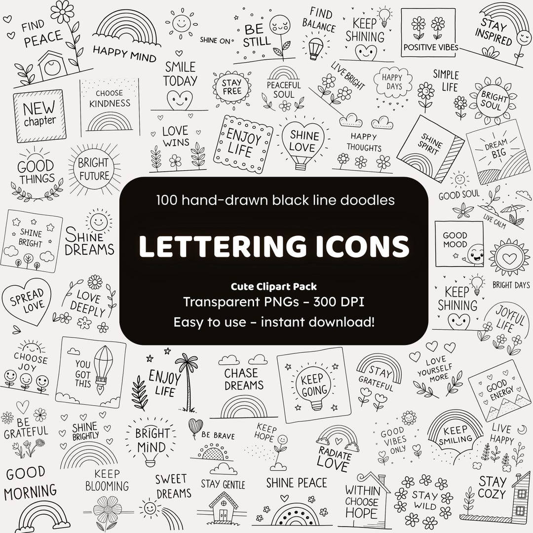 Lettering Icons Doodle Clipart | 100 Hand-drawn PNG Icons | Black Line ...