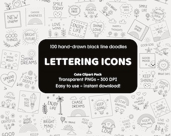 Belettering pictogrammen doodle clipart | 100 handgetekende png-pictogrammen | Black Line Art-stickers voor knutselaars