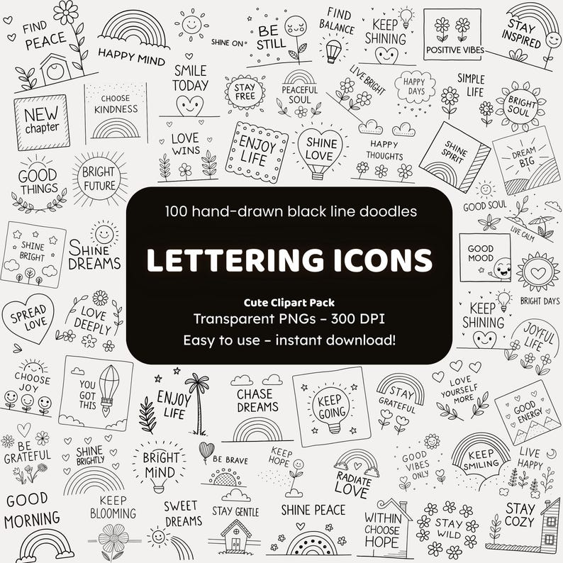 Lettering Icons Doodle Clipart | 100 Hand-drawn PNG Icons | Black Line ...