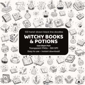 Witchy Books & Potions Doodle Clipart | 100 Hand-Drawn PNG Icons | Black Line Art for Crafters image 1
