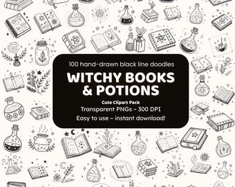Witchy Books & Potions Doodle Clipart | 100 Hand-Drawn PNG Icons | Black Line Art for Crafters