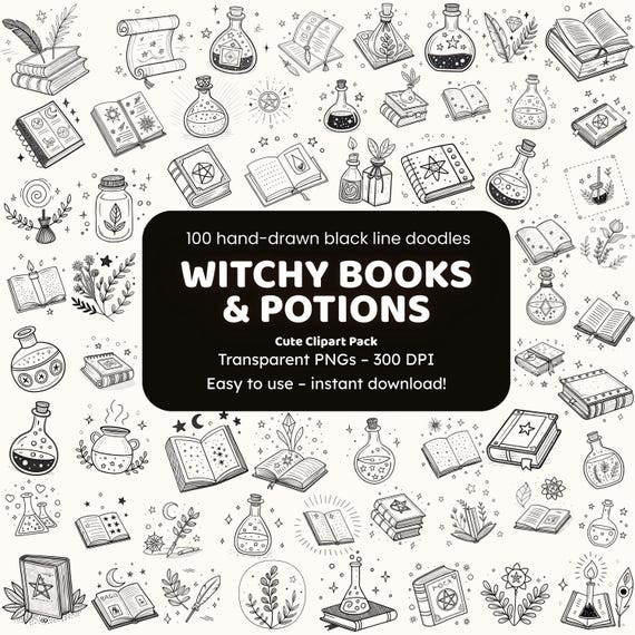Witchy Books & Potions Doodle Clipart | 100 Hand-Drawn PNG Icons | Black Line Art for Crafters