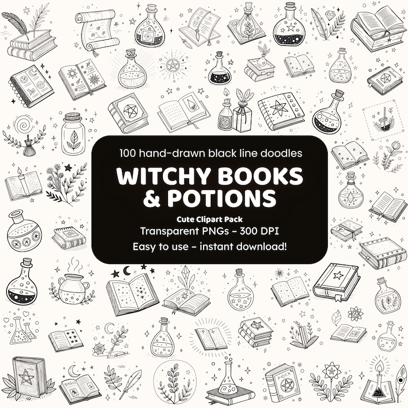Witchy Books & Potions Doodle Clipart | 100 Hand-Drawn PNG Icons | Black Line Art for Crafters image 1