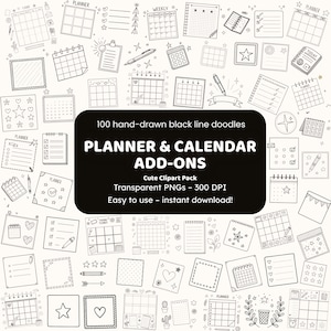 Planner & Calendar Add-ons Doodle Clipart | 100 Hand-Drawn PNG Icons | Black Line Art for Crafters