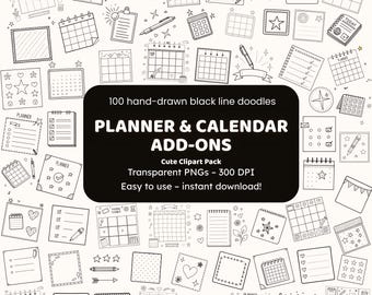 Planner & Calendar Add-ons Doodle Clipart | 100 Hand-Drawn PNG Icons | Black Line Art for Crafters