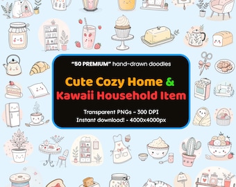 Kawaii Home Clipart Bundle: 50 Cozy Hand-Drawn Doodle PNG Graphics (Digital Download)