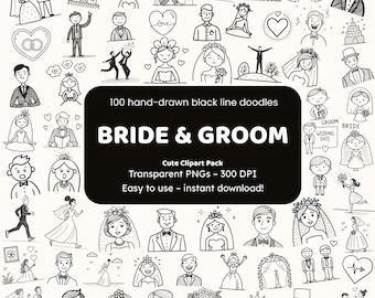 Bride & Groom Doodle Clipart | 100 Hand-drawn Wedding Icons PNG | Black Line Clipart for Crafters
