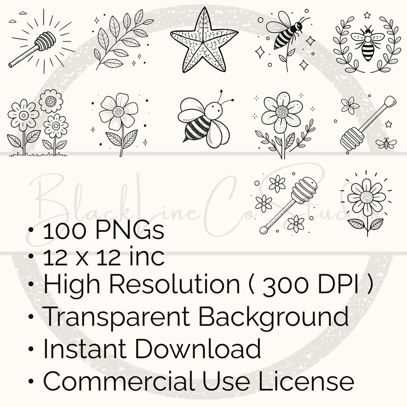 Bees & Flowers Doodle Clipart | 100 Hand-drawn Black Line Pngs | Icons ...
