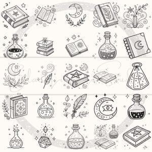 May include: Black and white line art illustrations of mystical objects. The image features books, potion bottles, moons, stars, feathers, and crystals. The objects are drawn in a whimsical style, with intricate details and a magical theme.