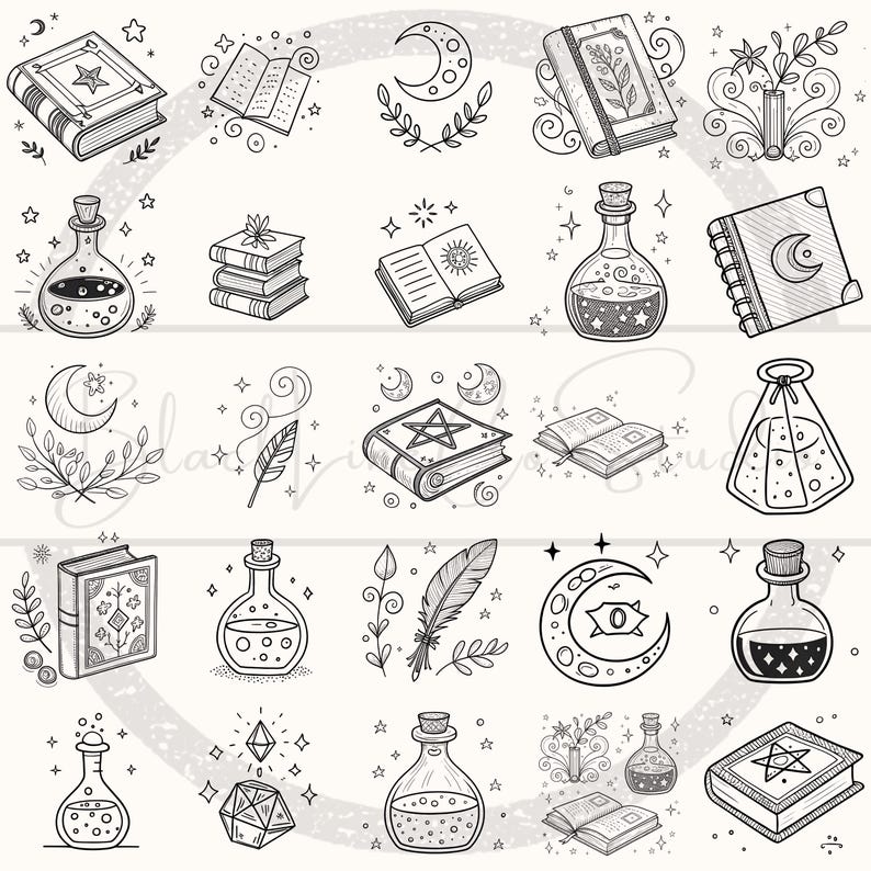 May include: Black and white line art illustrations of mystical objects. The image features books, potion bottles, moons, stars, feathers, and crystals. The objects are drawn in a whimsical style, with intricate details and a magical theme.