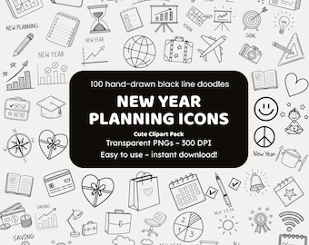 New Year Planning Icons Doodle Clipart | 100 Hand-Drawn PNG Icons | Black Line for Crafters
