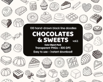 Schokolade & Süßigkeiten Doodle Clipart | 100 handgezeichnete PNG-Symbole | Black Line Art Aufkleber für Handwerker