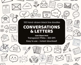 Gesprekken en brieven doodle clipart | 100 handgetekende zwarte lijn-png's | Pictogrammen en stickers voor knutselaars