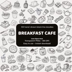 Frühstücks-Café Doodle Clipart | 100 handgezeichnete PNG-Symbole | Black Line Art Aufkleber für Handwerker